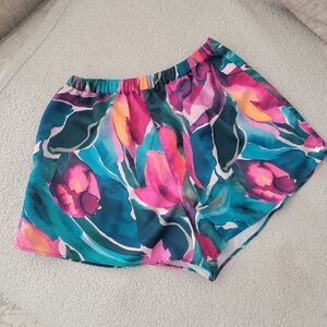 Fabletics Teal, Pink & Purple Watercolor Floral Drawstring Shorts